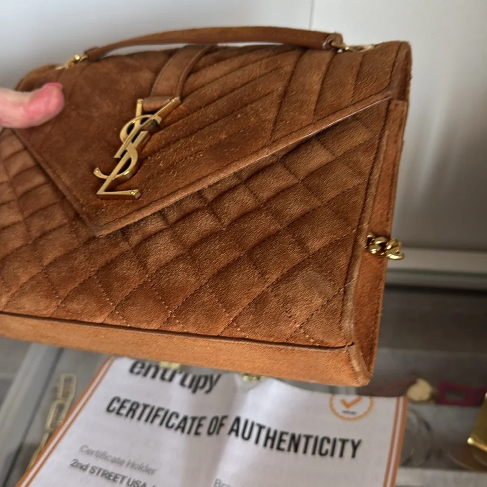 YSL Yves Saint Laurent Brown Suede Quilted Medium Envelope Handbag - Picture 13 of 16